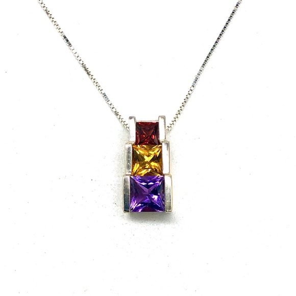 Vtg Gemstone Pendant Necklace 925 Sterling Silver Amethyst Citrine Garnet Box - Picture 2 of 8